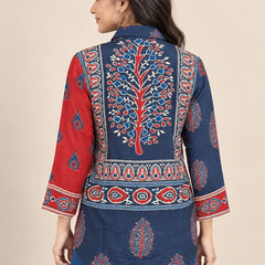 Navy Blue and Rust Printed Natural Crepe Shirt for Women