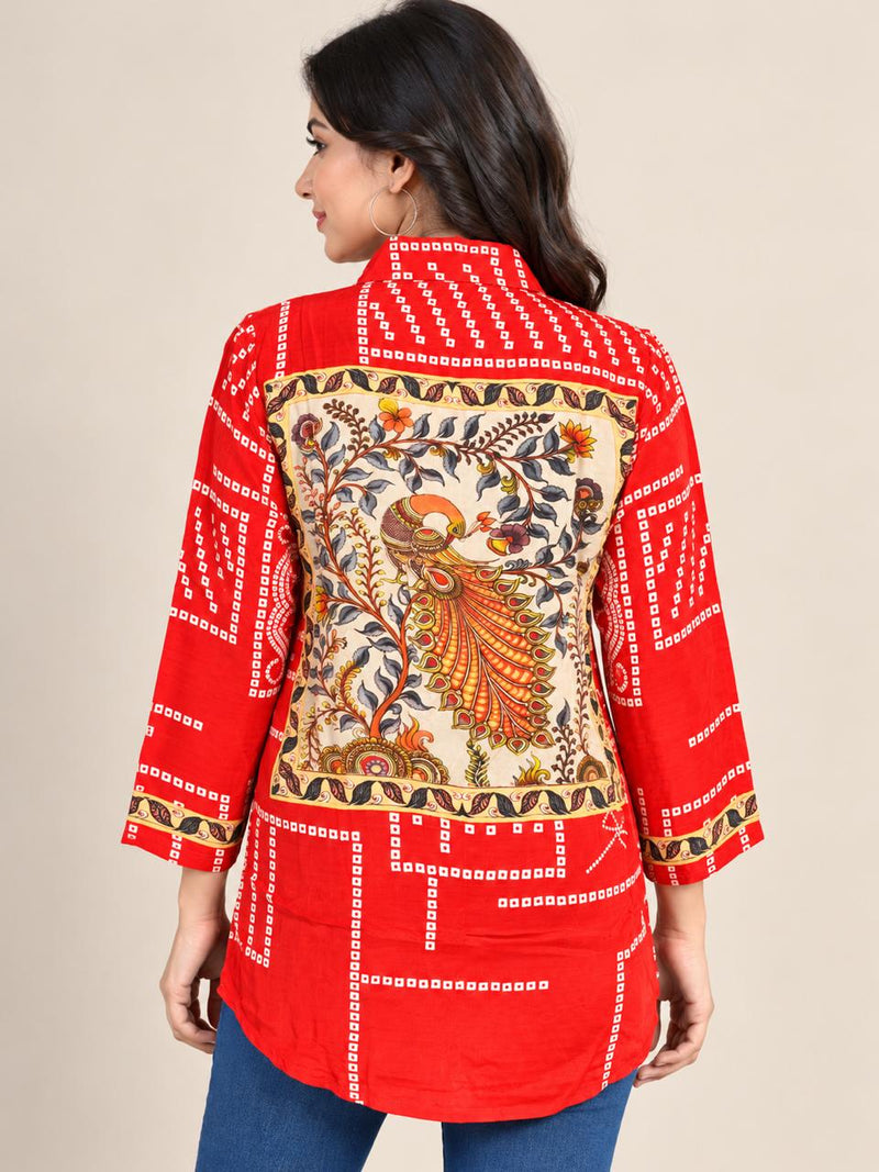 Red Geometric Printed Natural Crepe Shirt for Women