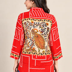 Red Geometric Printed Natural Crepe Shirt for Women