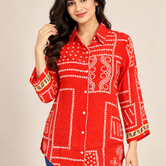Red Geometric Printed Natural Crepe Shirt for Women