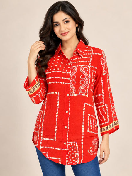 Red Geometric Printed Natural Crepe Shirt for Women