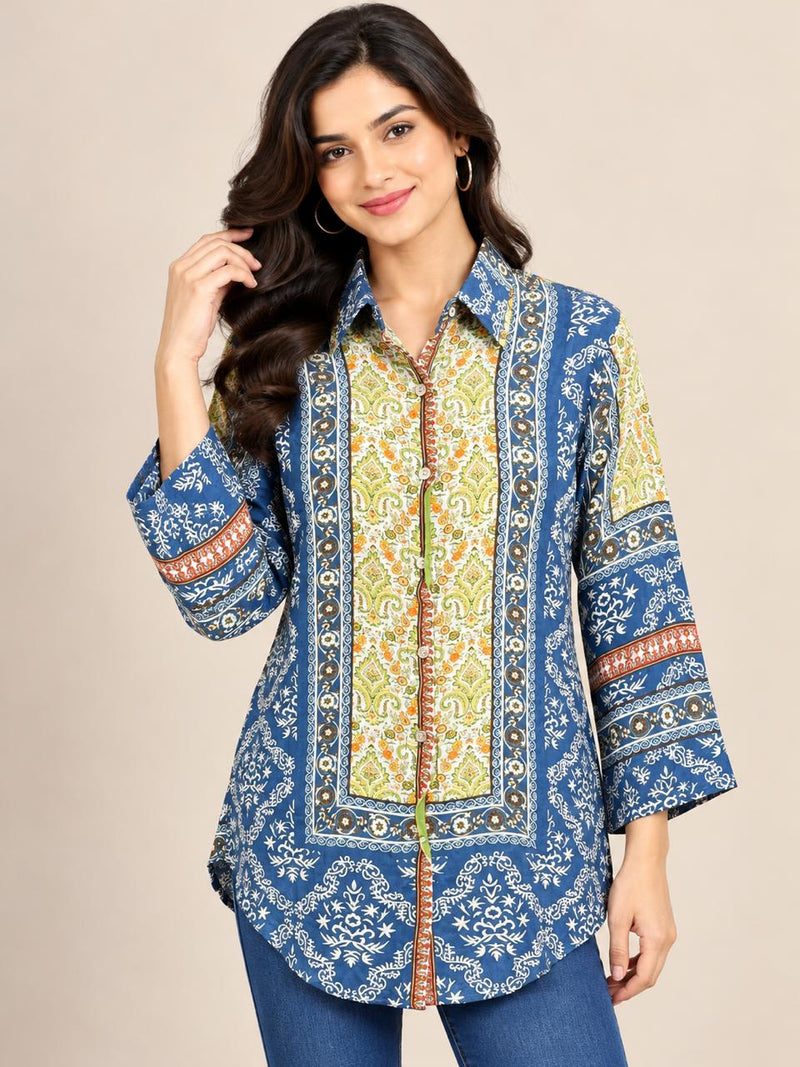 Blue Floral Printed Natural Crepe Shirt for Women