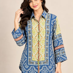 Blue Floral Printed Natural Crepe Shirt for Women