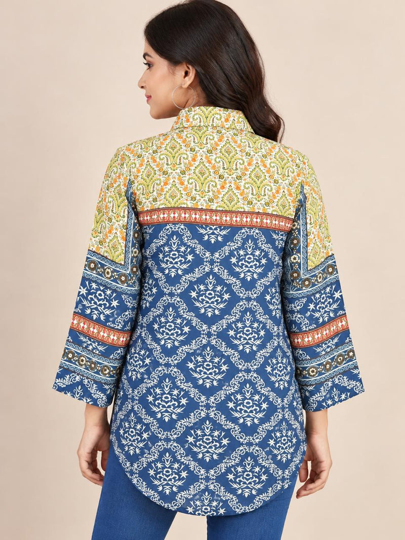 Blue Floral Printed Natural Crepe Shirt for Women