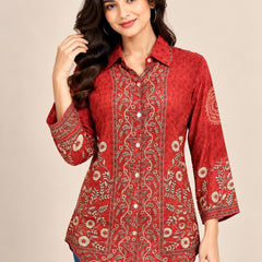 Rust Floral Printed Natural Crepe Shirt for Women