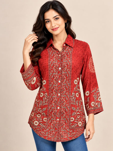 Rust Floral Printed Natural Crepe Shirt for Women