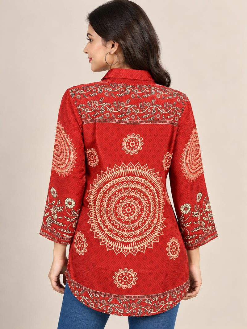 Rust Floral Printed Natural Crepe Shirt for Women
