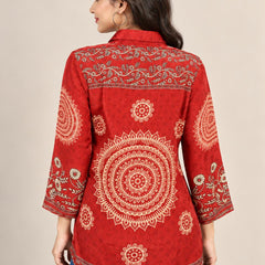 Rust Floral Printed Natural Crepe Shirt for Women