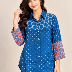 Blue Polka Dot Printed Natural Crepe Shirt for Women