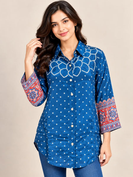 Blue Polka Dot Printed Natural Crepe Shirt for Women