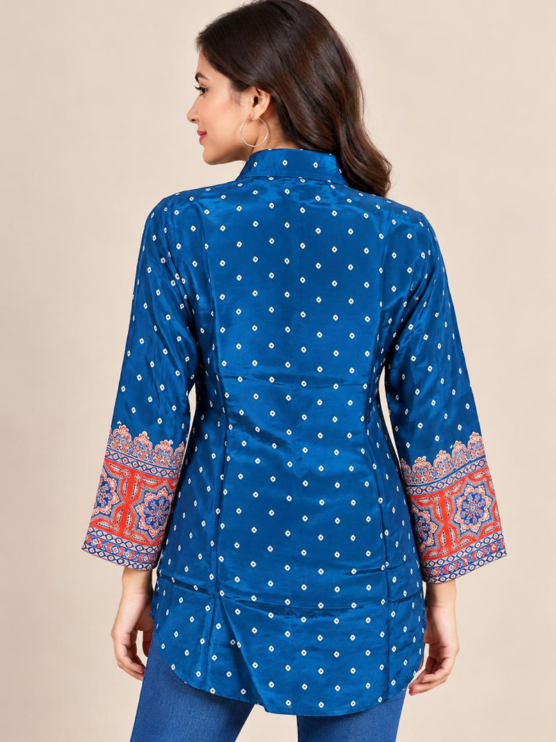 Blue Polka Dot Printed Natural Crepe Shirt for Women