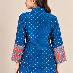 Blue Polka Dot Printed Natural Crepe Shirt for Women