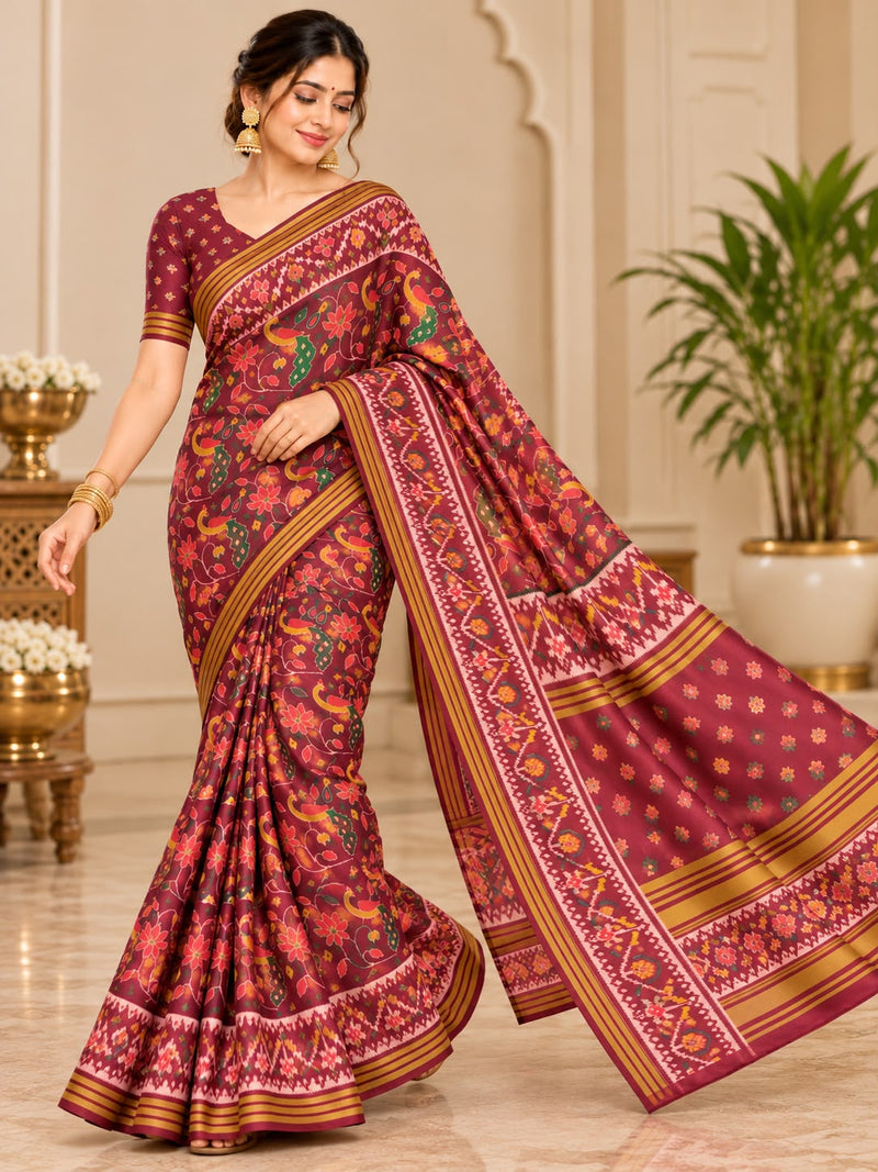 Mumtaz Patola Handloom Silk Saree for Women | Wine with Multicolor Traditional Patola Print & Mustard Yellow Border