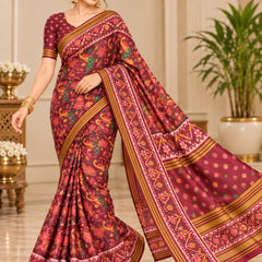 Mumtaz Patola Handloom Silk Saree for Women | Wine with Multicolor Traditional Patola Print & Mustard Yellow Border