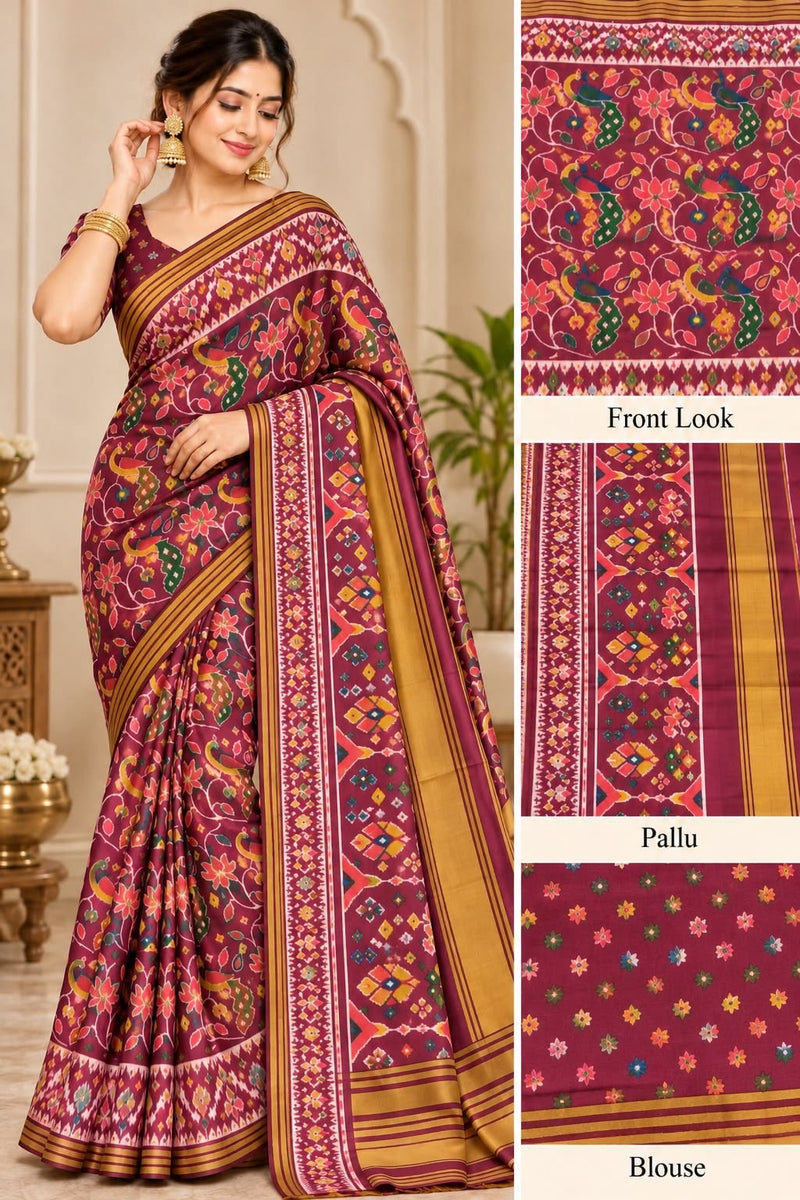 Mumtaz Patola Handloom Silk Saree for Women | Wine with Multicolor Traditional Patola Print & Mustard Yellow Border