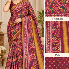 Mumtaz Patola Handloom Silk Saree for Women | Wine with Multicolor Traditional Patola Print & Mustard Yellow Border