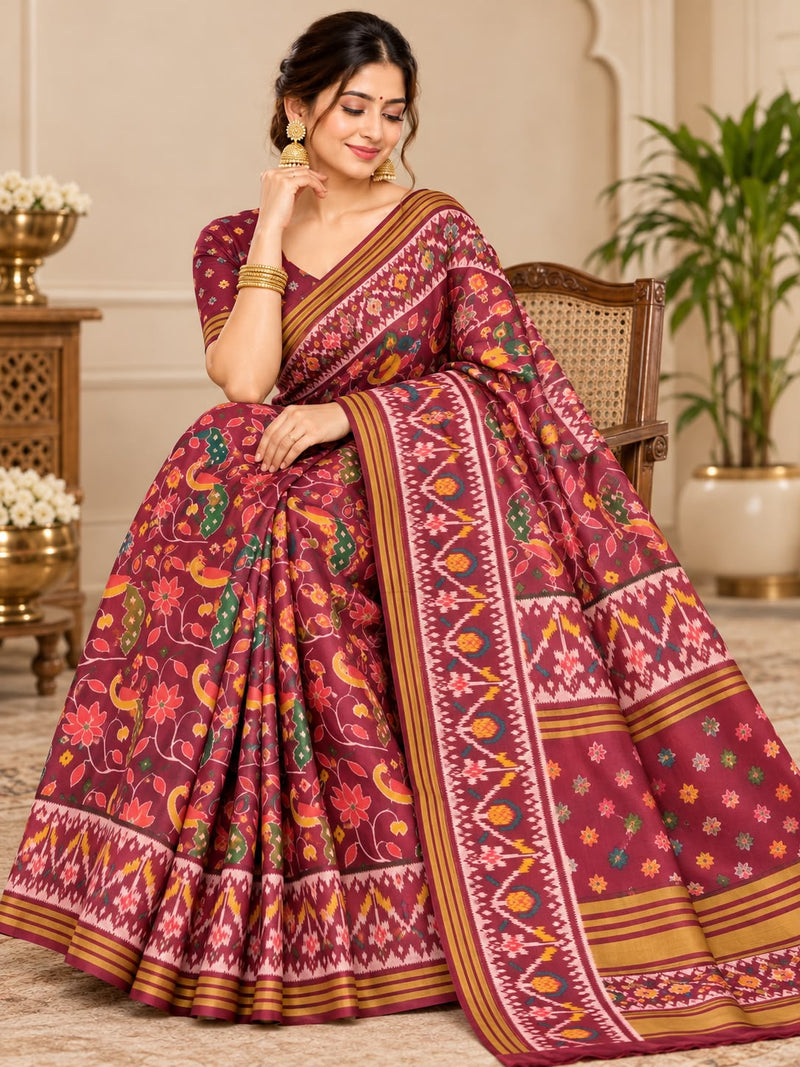 Mumtaz Patola Handloom Silk Saree for Women | Wine with Multicolor Traditional Patola Print & Mustard Yellow Border