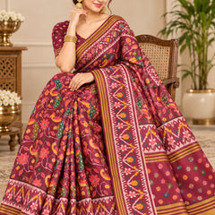 Mumtaz Patola Handloom Silk Saree for Women | Wine with Multicolor Traditional Patola Print & Mustard Yellow Border