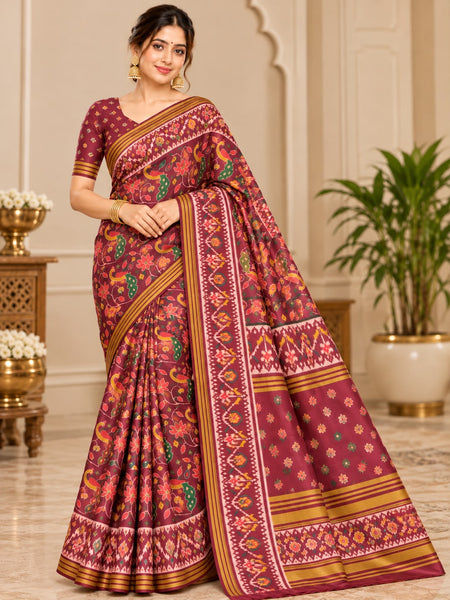 Mumtaz Patola Handloom Silk Saree for Women | Wine with Multicolor Traditional Patola Print & Mustard Yellow Border