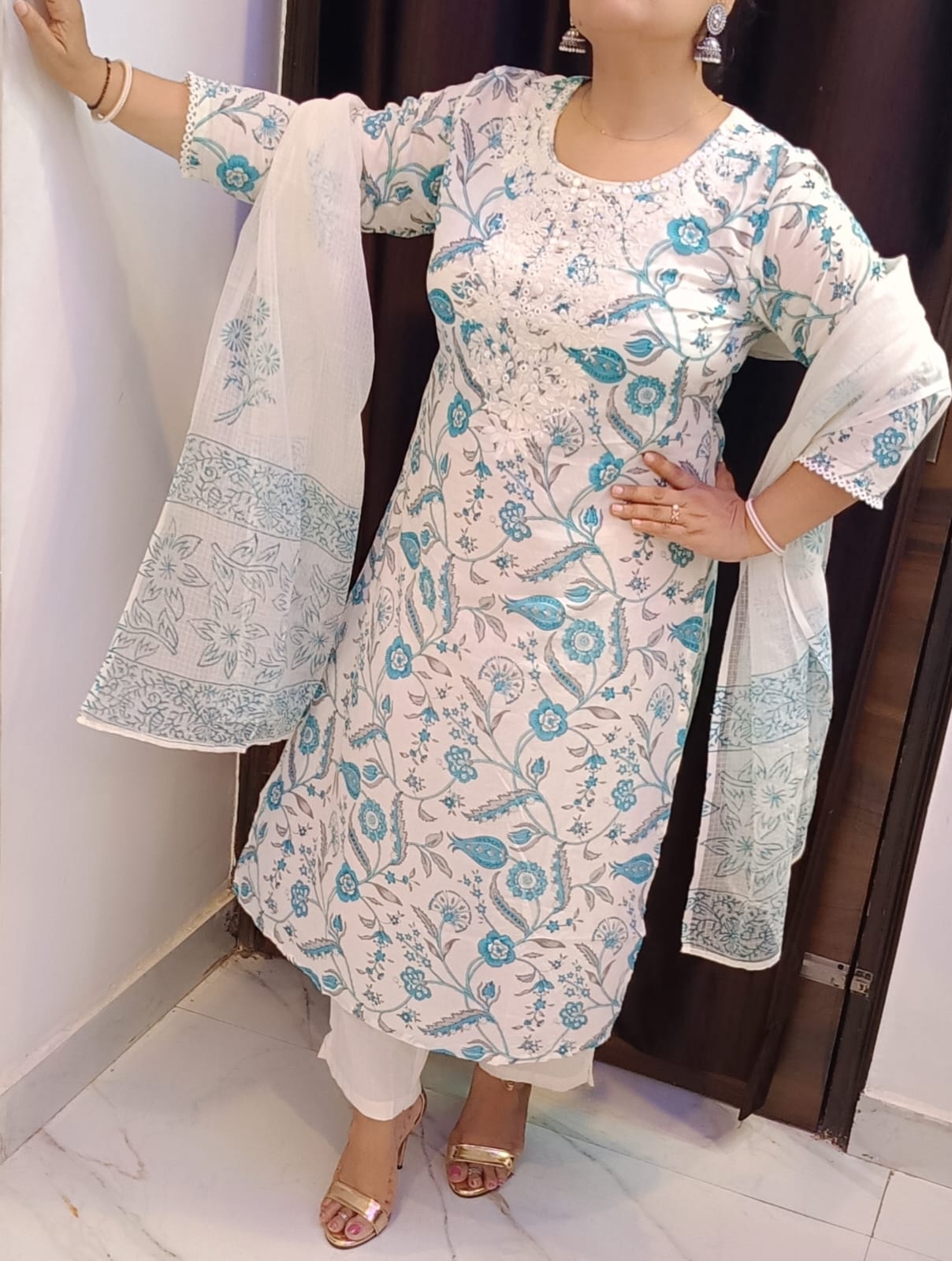 Beautiful Rich Cotton Kurta Set with Hand Block Printed Kota Doria Dupatta Designer Suit. Superior Quality Fabric  3 Pc Sets.