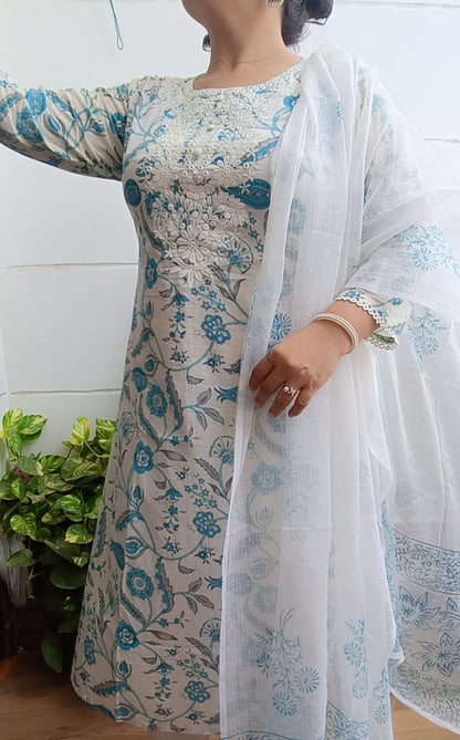 Beautiful Rich Cotton Kurta Set with Hand Block Printed Kota Doria Dupatta Designer Suit. Superior Quality Fabric  3 Pc Sets.