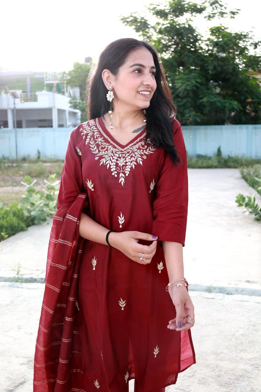 Beautiful Roman modal silk Kurti with Classy Comfort Pant and Chiffon Jacquard Sequence work dupatta, Beautiful Hand Heavy Gota Patti work on Kurti with Moti Work.