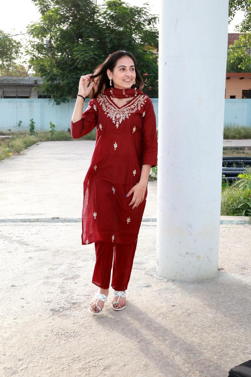 Beautiful Roman modal silk Kurti with Classy Comfort Pant and Chiffon Jacquard Sequence work dupatta, Beautiful Hand Heavy Gota Patti work on Kurti with Moti Work.