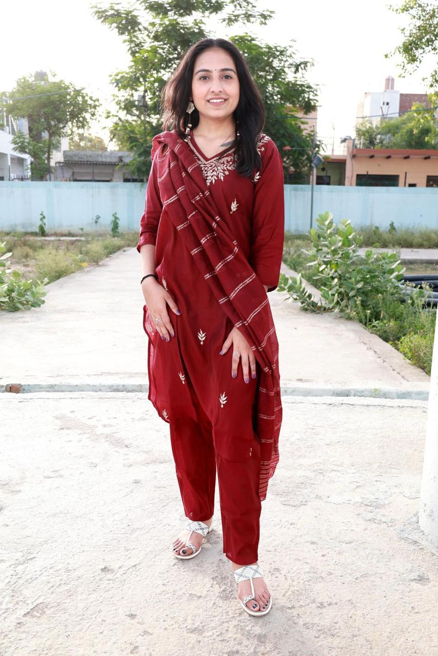 Beautiful Roman modal silk Kurti with Classy Comfort Pant and Chiffon Jacquard Sequence work dupatta, Beautiful Hand Heavy Gota Patti work on Kurti with Moti Work.