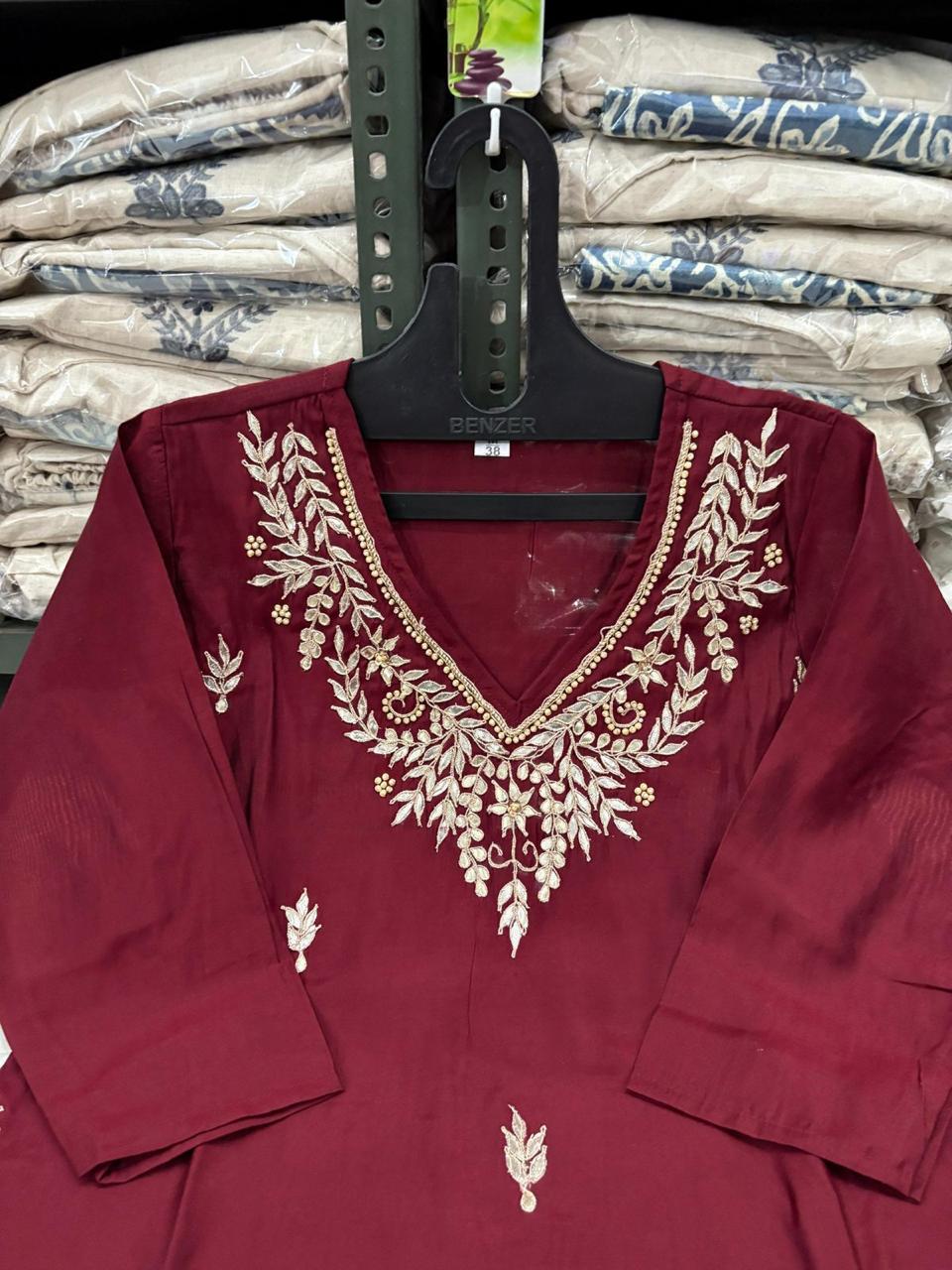 Beautiful Roman modal silk Kurti with Classy Comfort Pant and Chiffon Jacquard Sequence work dupatta, Beautiful Hand Heavy Gota Patti work on Kurti with Moti Work.