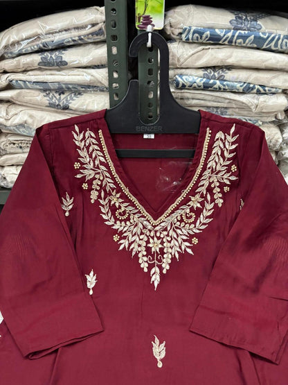 Beautiful Roman modal silk Kurti with Classy Comfort Pant and Chiffon Jacquard Sequence work dupatta, Beautiful Hand Heavy Gota Patti work on Kurti with Moti Work.