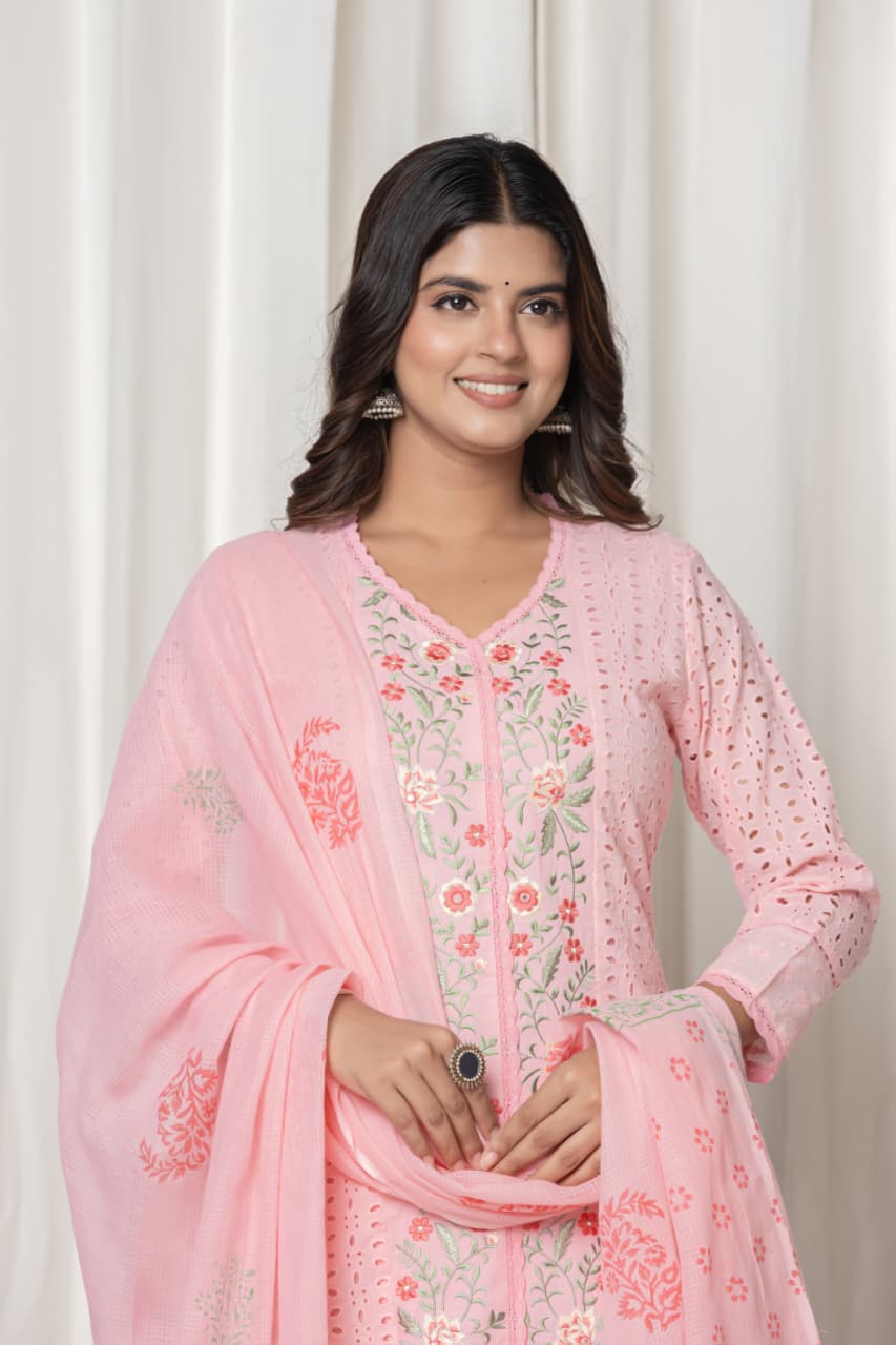 Premium Quality Mul Mul Cotton, Schiffli Work, Beautiful 3 Pc Suit Heavy Embroidery Sequence Work Top-Pant And Dupatta work with Embroidery.