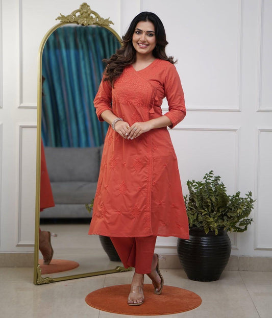 Heavy Chicken Kari Embroidery, Orange Color with Matching Cotton Thread; Beautiful Suit 2 PC Set.