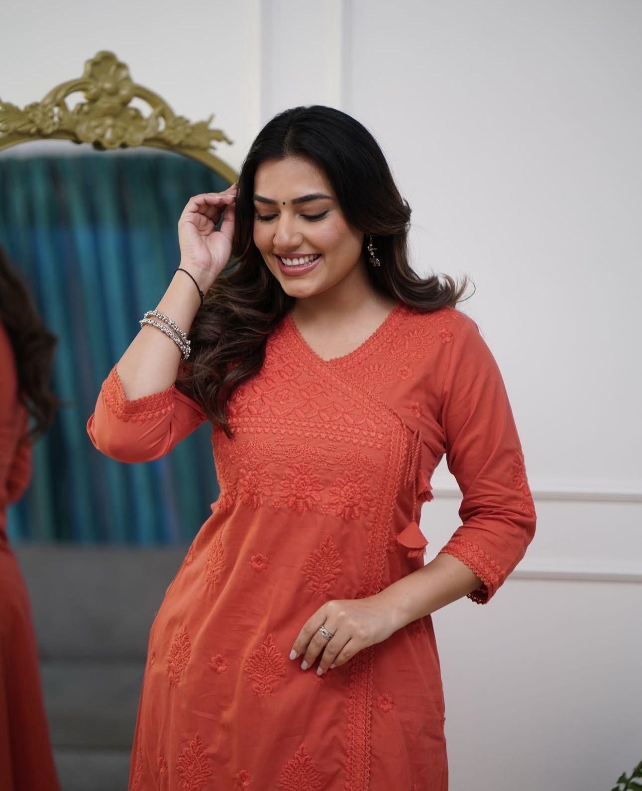 Heavy Chicken Kari Embroidery, Orange Color with Matching Cotton Threa Ruaati I India Leading Ladies Apparel Company Heavy Chicken Kari Embroidery, Orange Color with Matching Cotton Threa Ruaati I India Leading Ladies Apparel Company