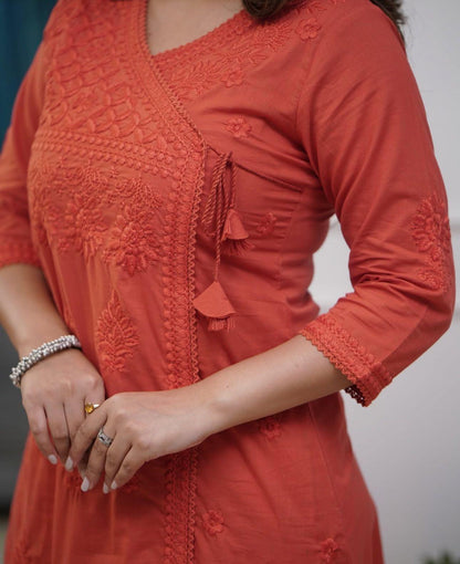 Heavy Chicken Kari Embroidery, Orange Color with Matching Cotton Thread; Beautiful Suit 2 PC Set.