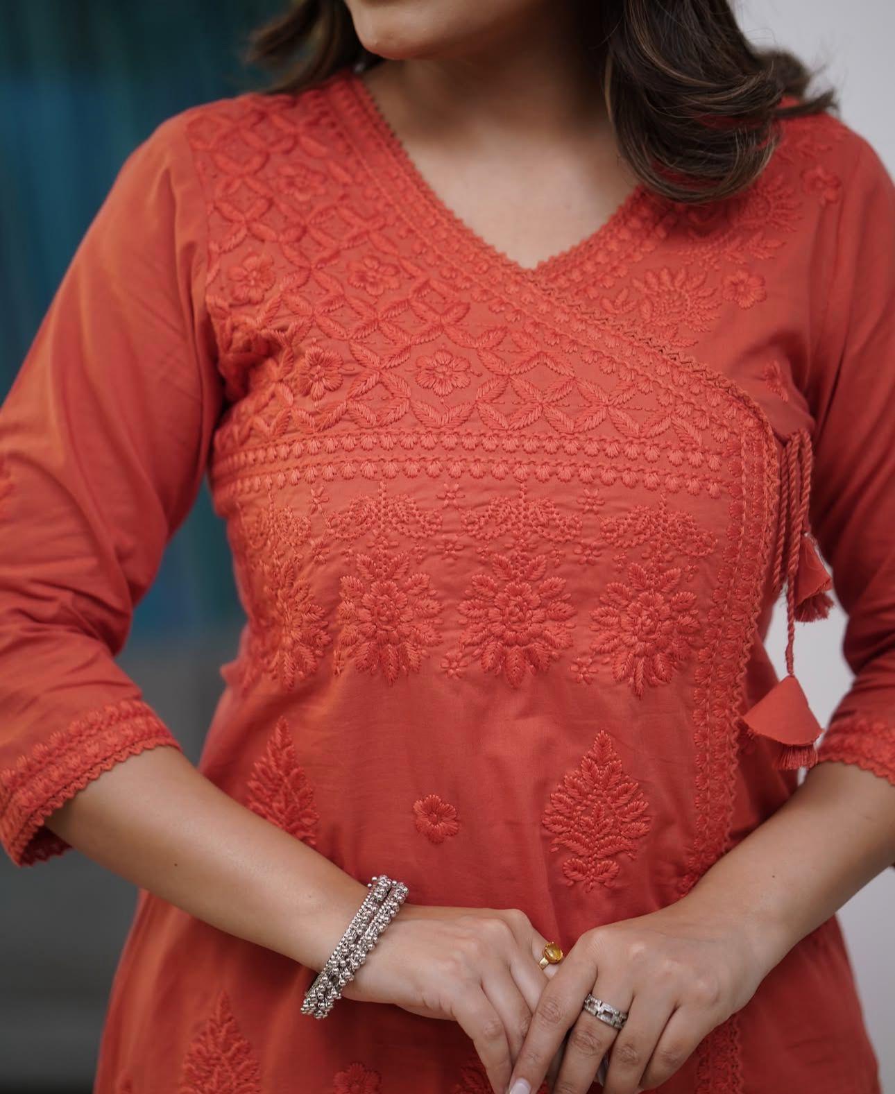 Heavy Chicken Kari Embroidery, Orange Color with Matching Cotton Thread; Beautiful Suit 2 PC Set.