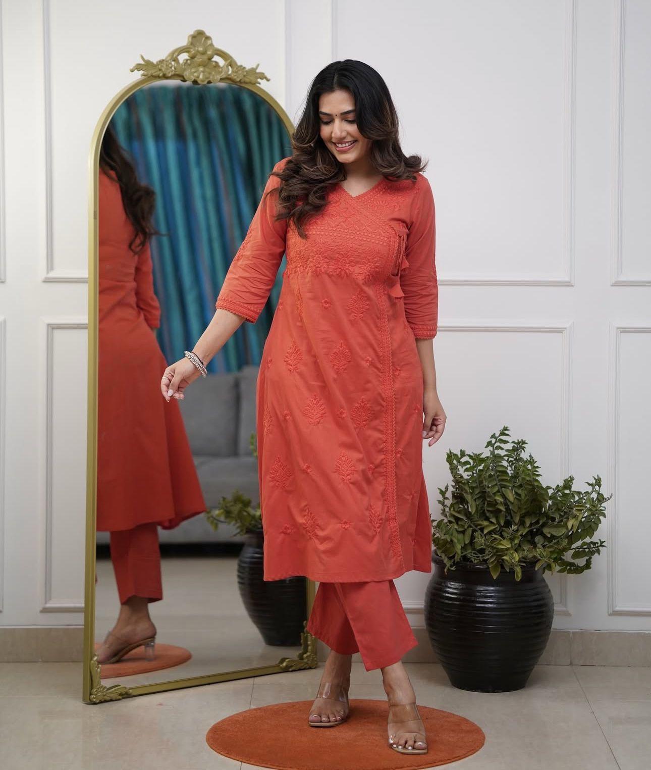 Heavy Chicken Kari Embroidery, Orange Color with Matching Cotton Thread; Beautiful Suit 2 PC Set.