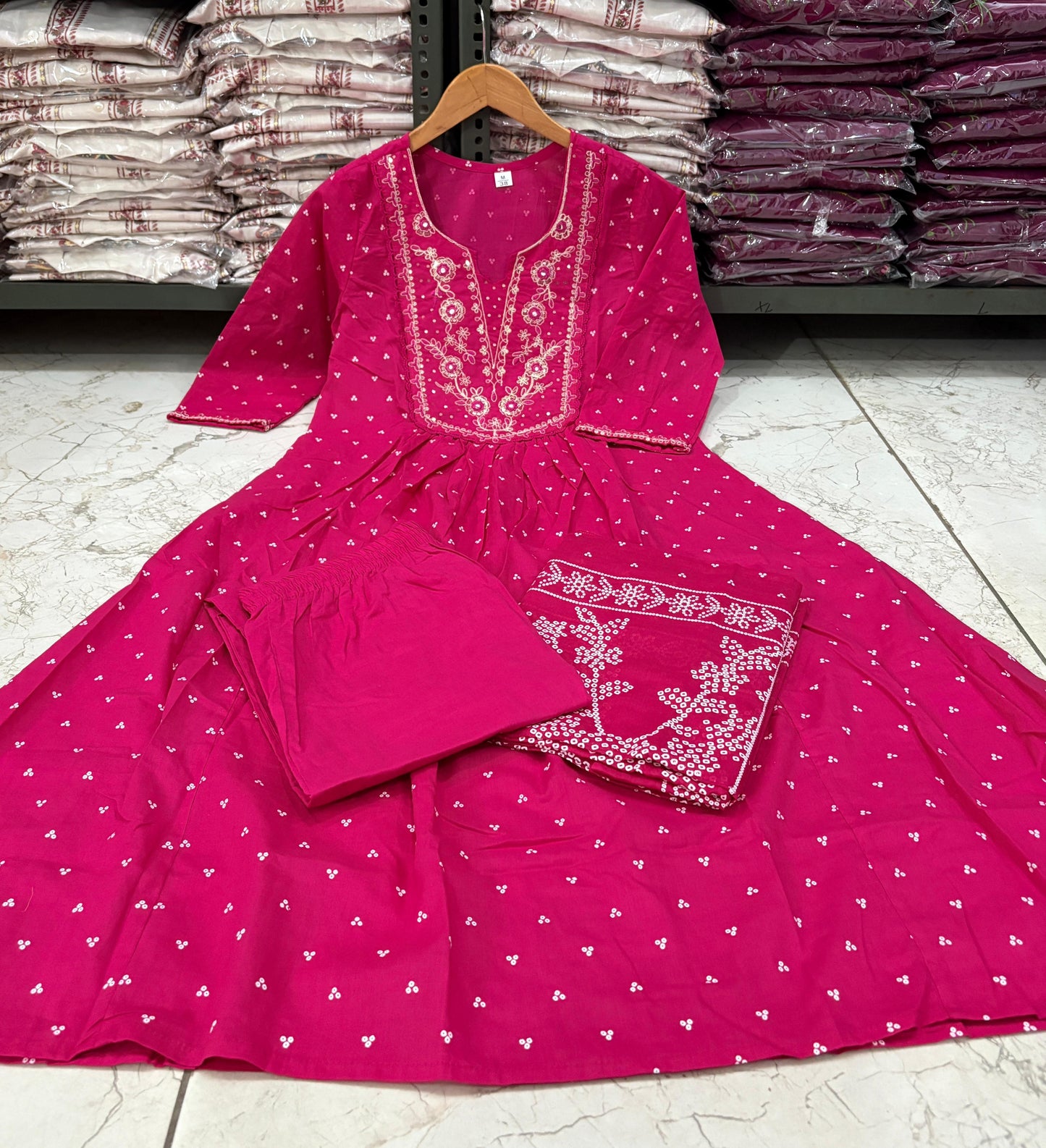 New Flared Kurta set with Cotton Pant & Mul Mul Dupatta with tier pattern