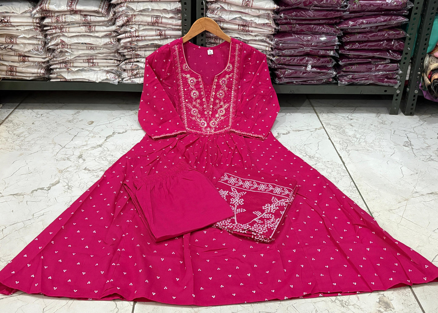 New Flared Kurta set with Cotton Pant & Mul Mul Dupatta with tier pattern