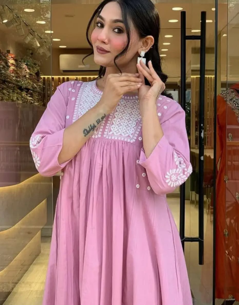 Women's Pink Cotton Kurta Pant Set | Intricate Thread Embroidery & Cutwork Details |