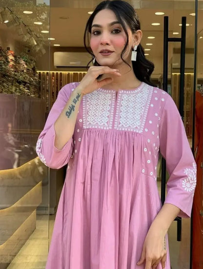 Women's Pink Cotton Kurta Pant Set | Intricate Thread Embroidery & Cutwork Details |