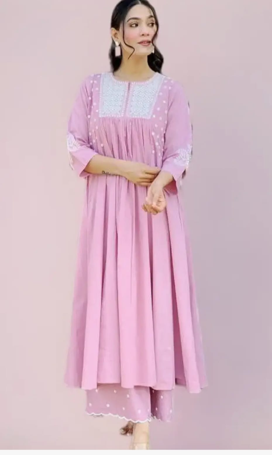 Women's Pink Cotton Kurta Pant Set | Intricate Thread Embroidery & Cutwork Details |