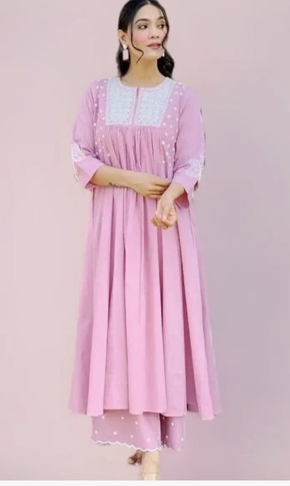 Women's Pink Cotton Kurta Pant Set | Intricate Thread Embroidery & Cutwork Details |