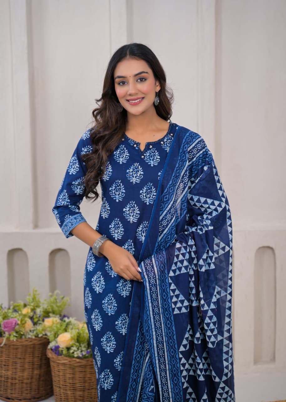 Beautiful Cotton Fabric Flair Suits with Hand Block Print Hand Work.