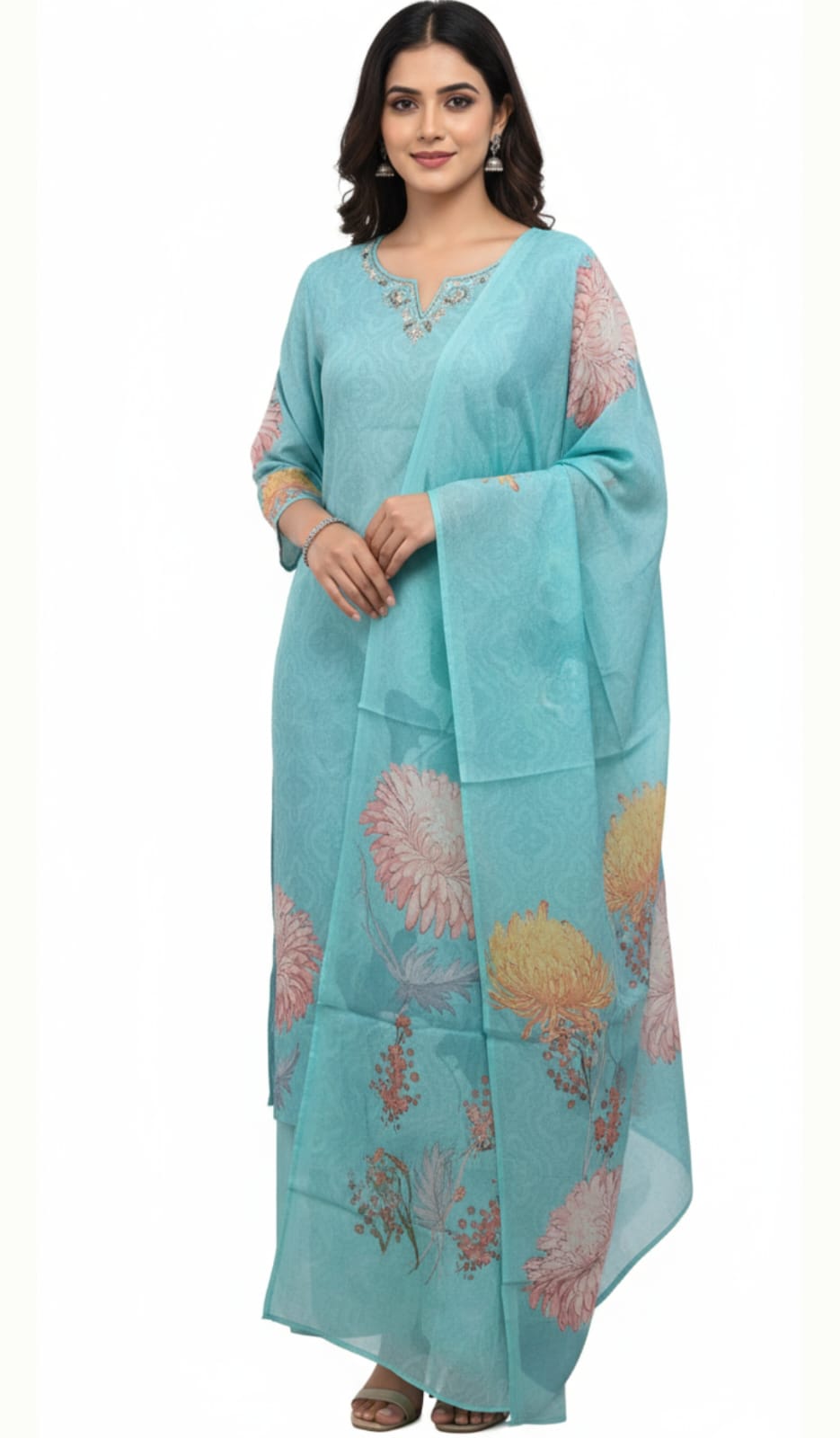 Premium Sky Blue Suit Digital Print Vatican Silk Fabric Suit, Pant and Fancy Dupatta.