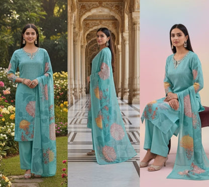 Premium Sky Blue Suit Digital Print Vatican Silk Fabric Suit, Pant and Fancy Dupatta.