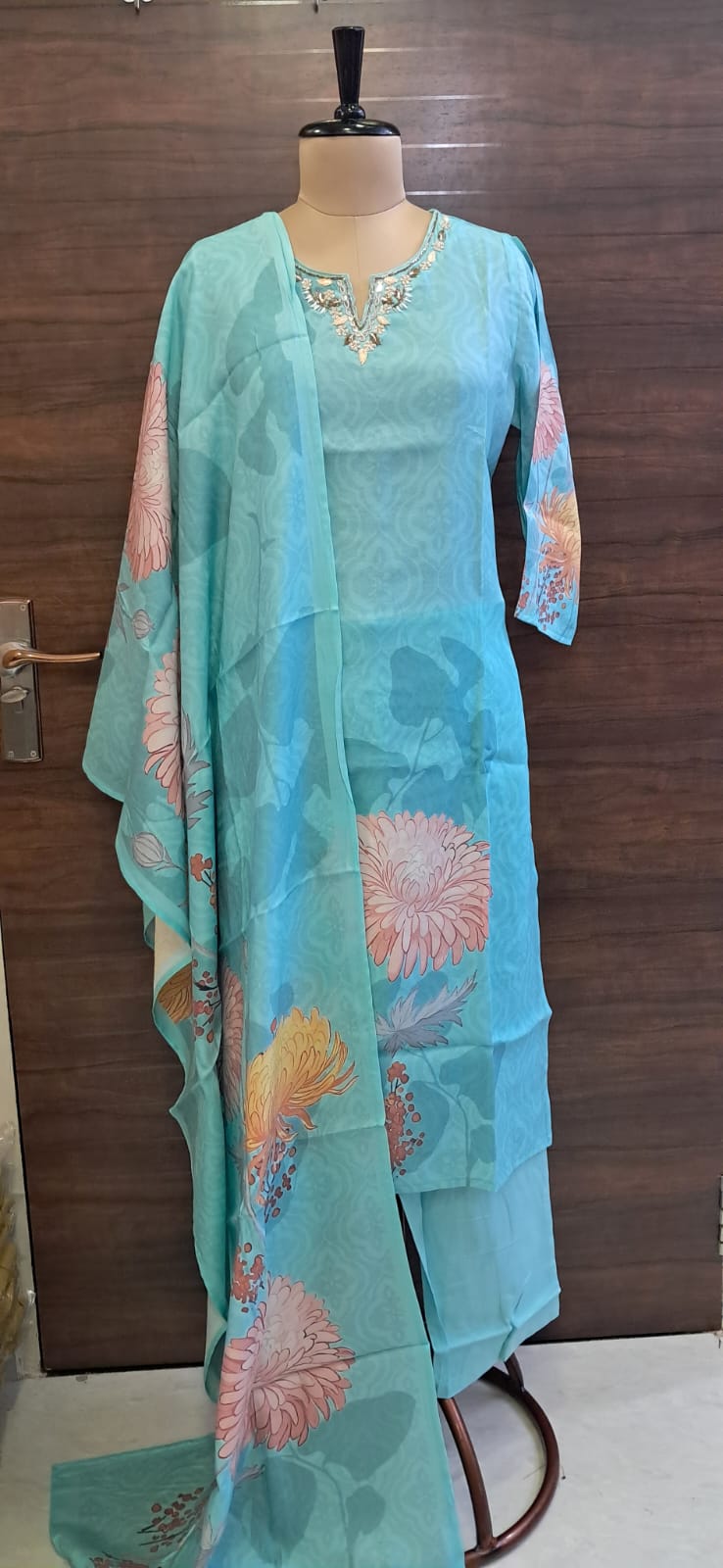 Premium Sky Blue Suit Digital Print Vatican Silk Fabric Suit, Pant and Fancy Dupatta.