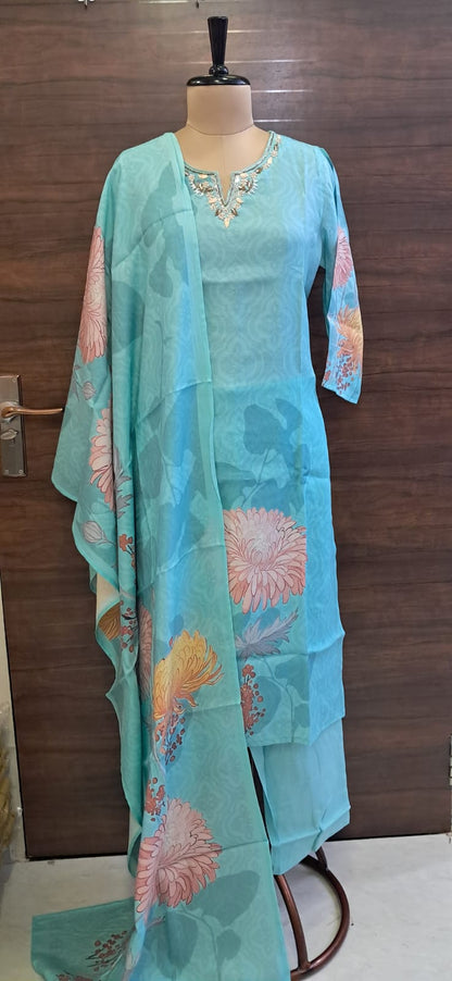 Premium Sky Blue Suit Digital Print Vatican Silk Fabric Suit, Pant and Fancy Dupatta.