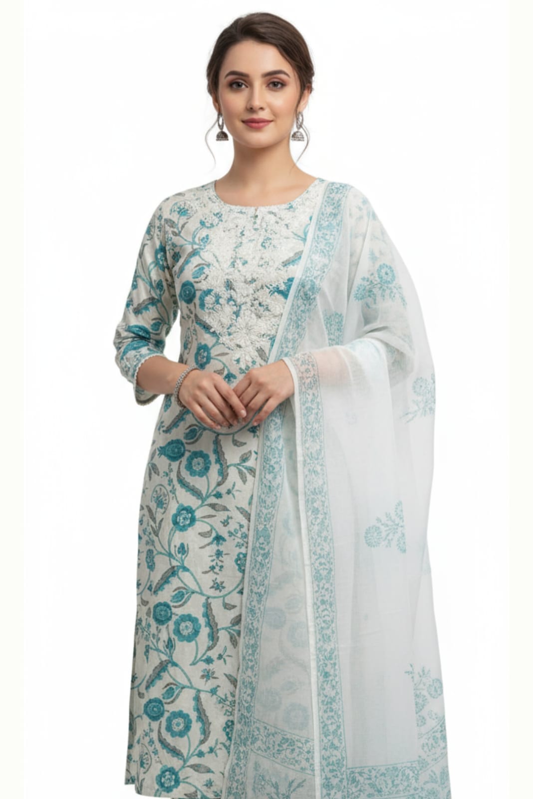 Beautiful Rich Cotton Kurta Set with Hand Block Printed Kota Doria Dupatta Designer Suit. Superior Quality Fabric  3 Pc Sets.