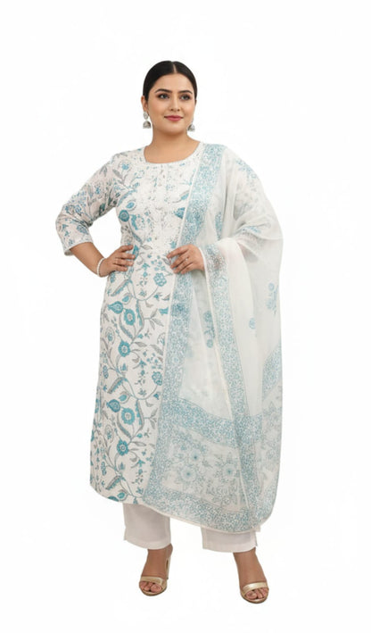 Beautiful Rich Cotton Kurta Set with Hand Block Printed Kota Doria Dupatta Designer Suit. Superior Quality Fabric  3 Pc Sets.