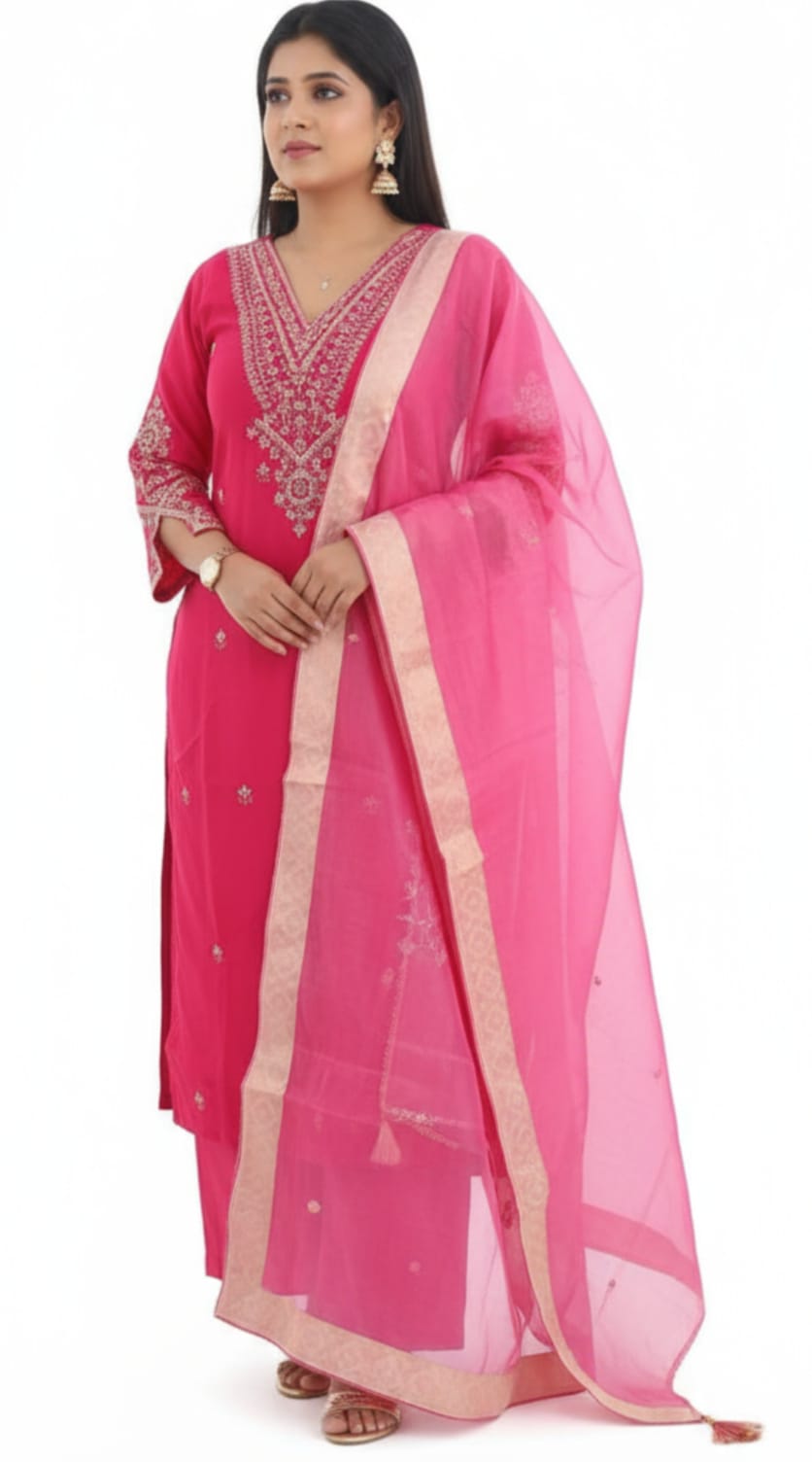 Roman Silk Fabric Heavy Hand adda Work all over ,Complete Lining Attached , Pant and Fancy Digital Organza Dupatta